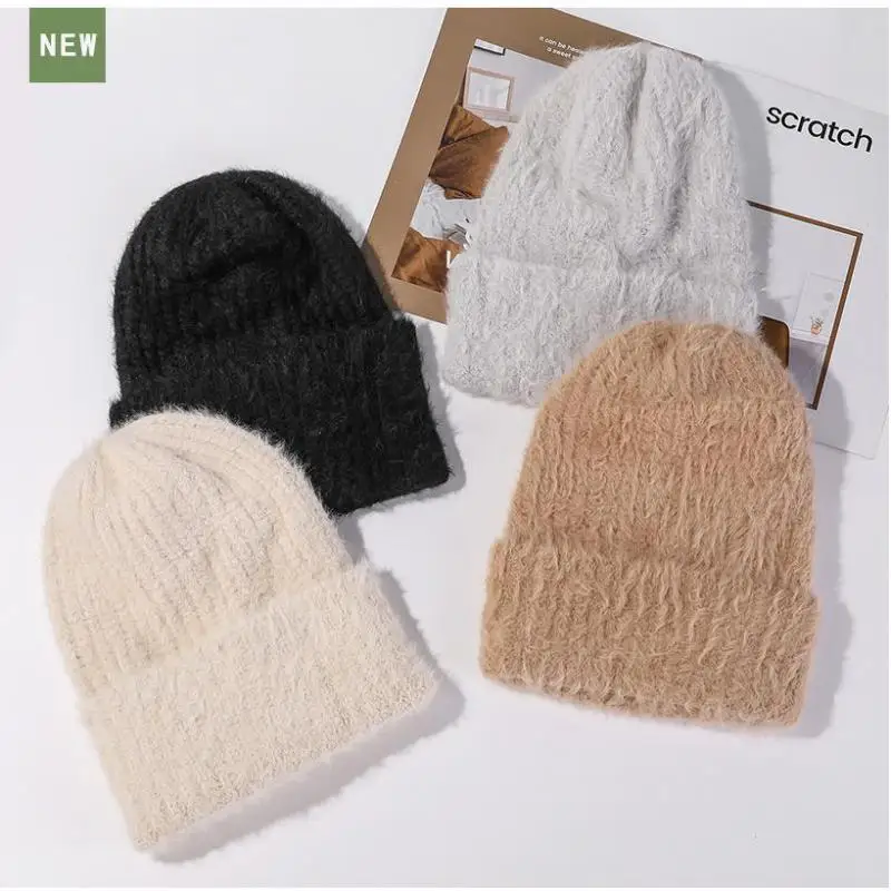 

Women Rabbit Fur Knitted Autumn Winter Hat Ear Protection Keep Warm Solid Color Simple Casual New Baggy Cap Female New