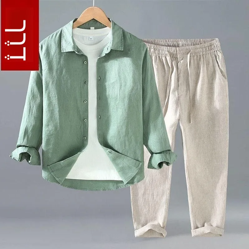 

Comfortable Cotton Linen Men's Long Sleeve Casual Shirt Spring Autumn Season Tagkita Brand Youth Fashion Sportswear Set
