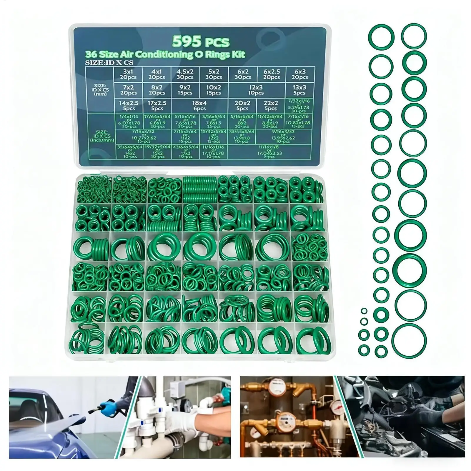 595Pcs Air Conditioning O Ring Kit 36 Size AC O-Type Sealing Rubber Ring Car Air Conditioning O Ring AC Plumbing Faucet Gaskets