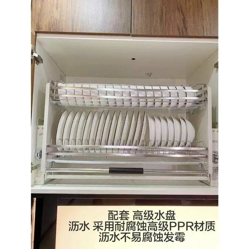 304 stainless steel bowls and plates kitchen wall  pull-down reinforced model for multifunctional double-layer lift-up pu