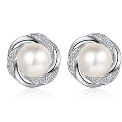 925 Sterling Silver Female Moissanite Stone Freshwater 8mm Pearl Earrings and Ear Accessories