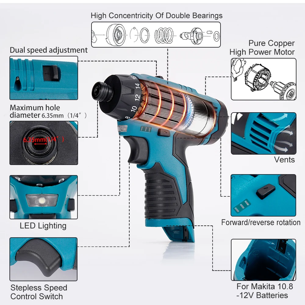 12V Cordless Impact Electric Drill Hammer Screwdriver Two Speed Mini Wireless Hand Driver Wrench Power Tool For Bosch Battery