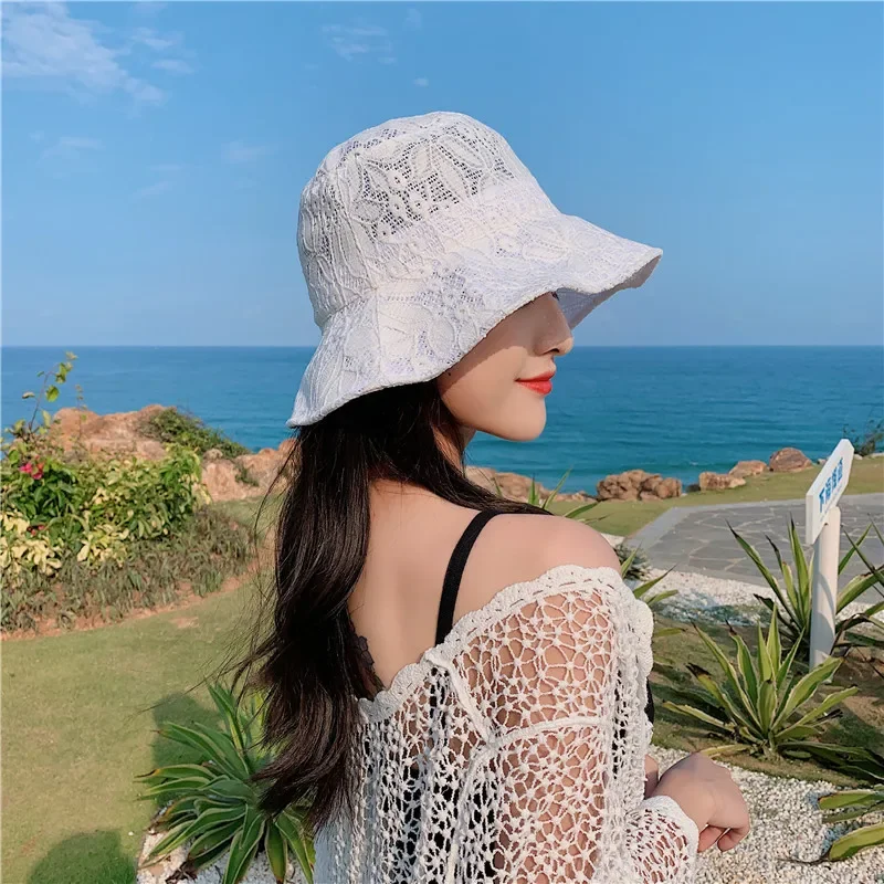 New White Lace Bucket Hat Women Summer Beach Lace Sun Hats Fashion Caps Breathable Fisherman Cap Panama Hats