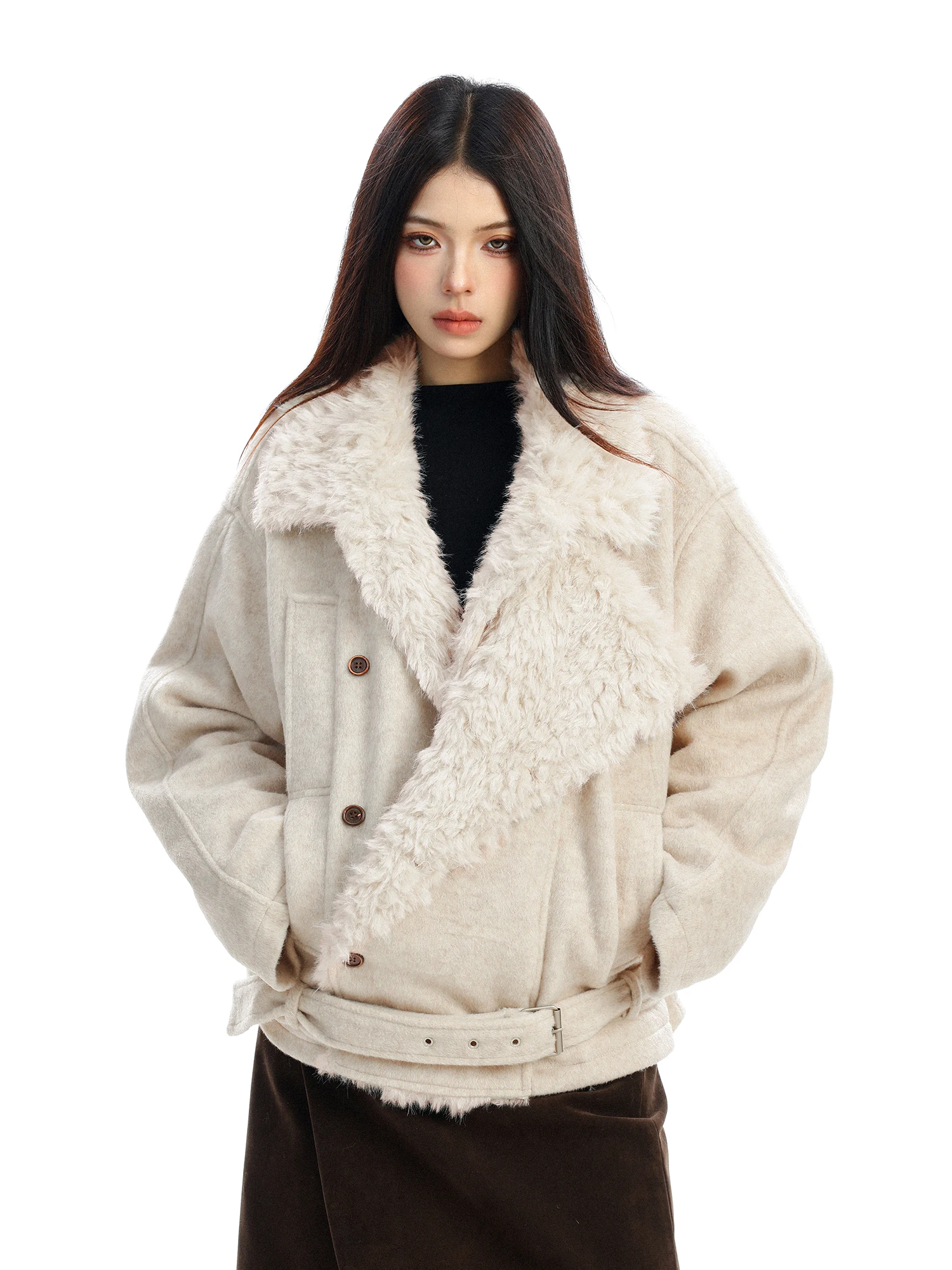 

Thiened Wool Cotton Jaet Women's Double Row Buttoned Fur Collar Mountain Eagle Couple's Outerwear Spring Autumn Winter
