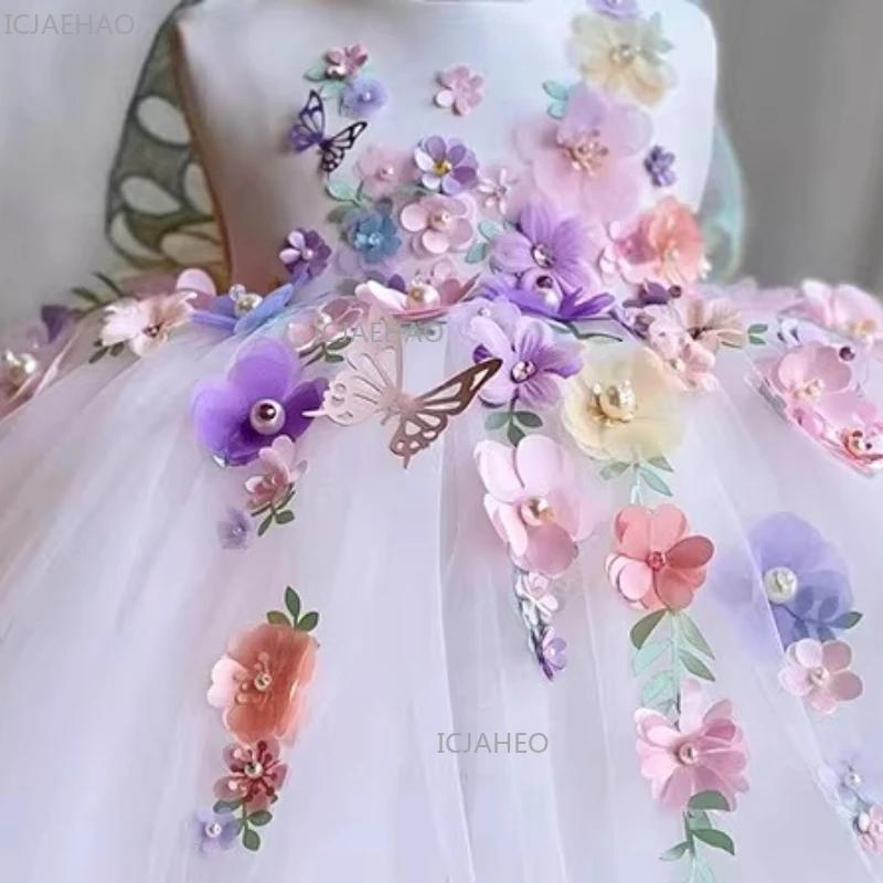 Abito Bianco Gonfio per Primo Compleanno Bambina 2026, Vestito da Cerimonia per Matrimonio, Costume da Festa, Abito da Principessa per Bambini, Vestito Floreale per Bambine