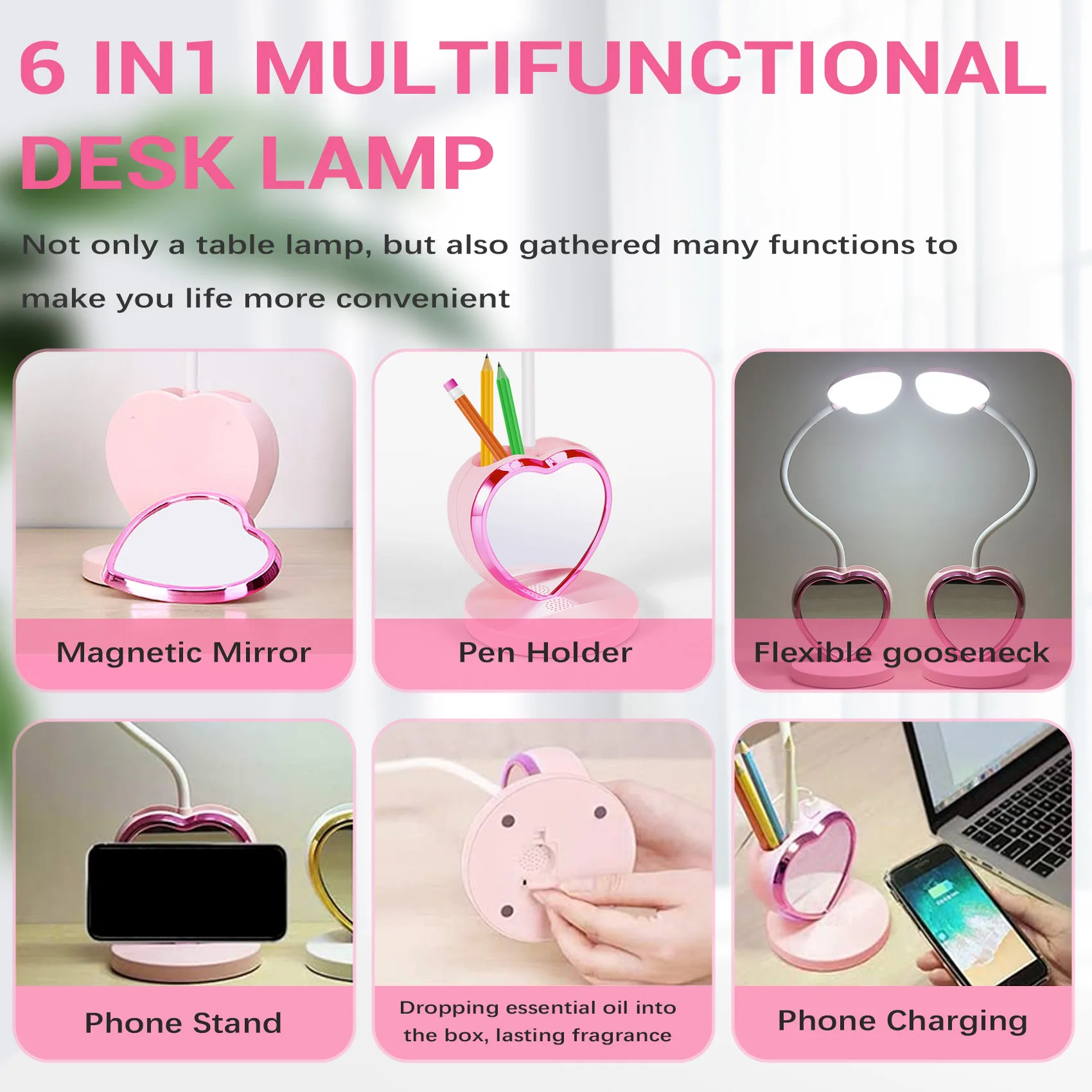 BHTS-LED Desk Lamp For Girls, Rechargeable LED Desk Lamp With USB Charging Port & Pen Holder, Eye-Caring Dimmable