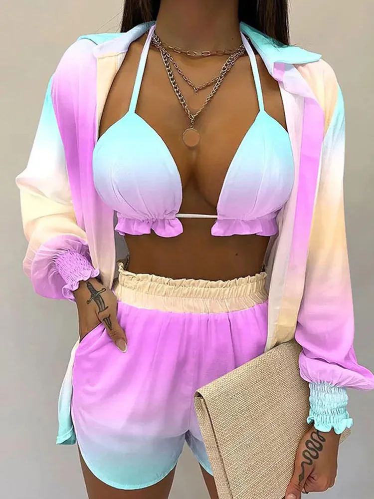 

Womens 3 Piece Sexy Ombre Beach Outfit Sets 2026 Summer Vacation Swimwear Bikini Top with Long Sleeve Cover Up Shirt and Shorts