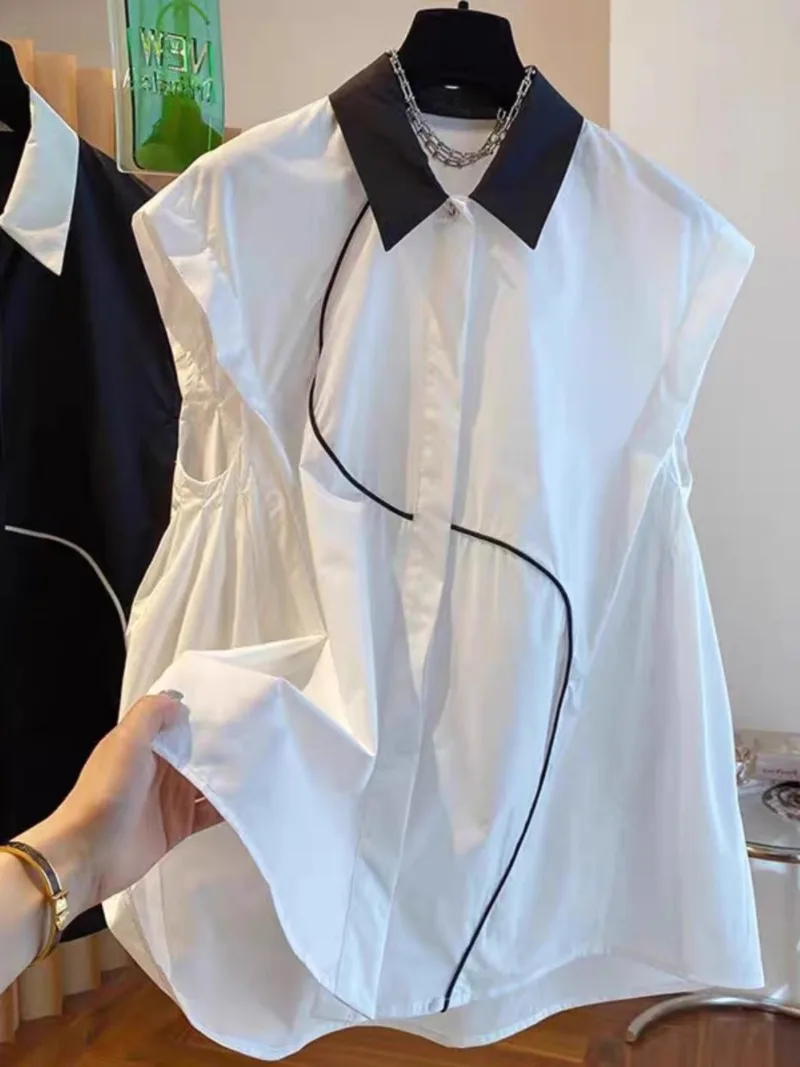 Temperament Sleeveless Shirts for Women 2024 Summer Black White Top Blusas Mujer De Moda Doll Blouse Lapel Sexy Shirt Femme