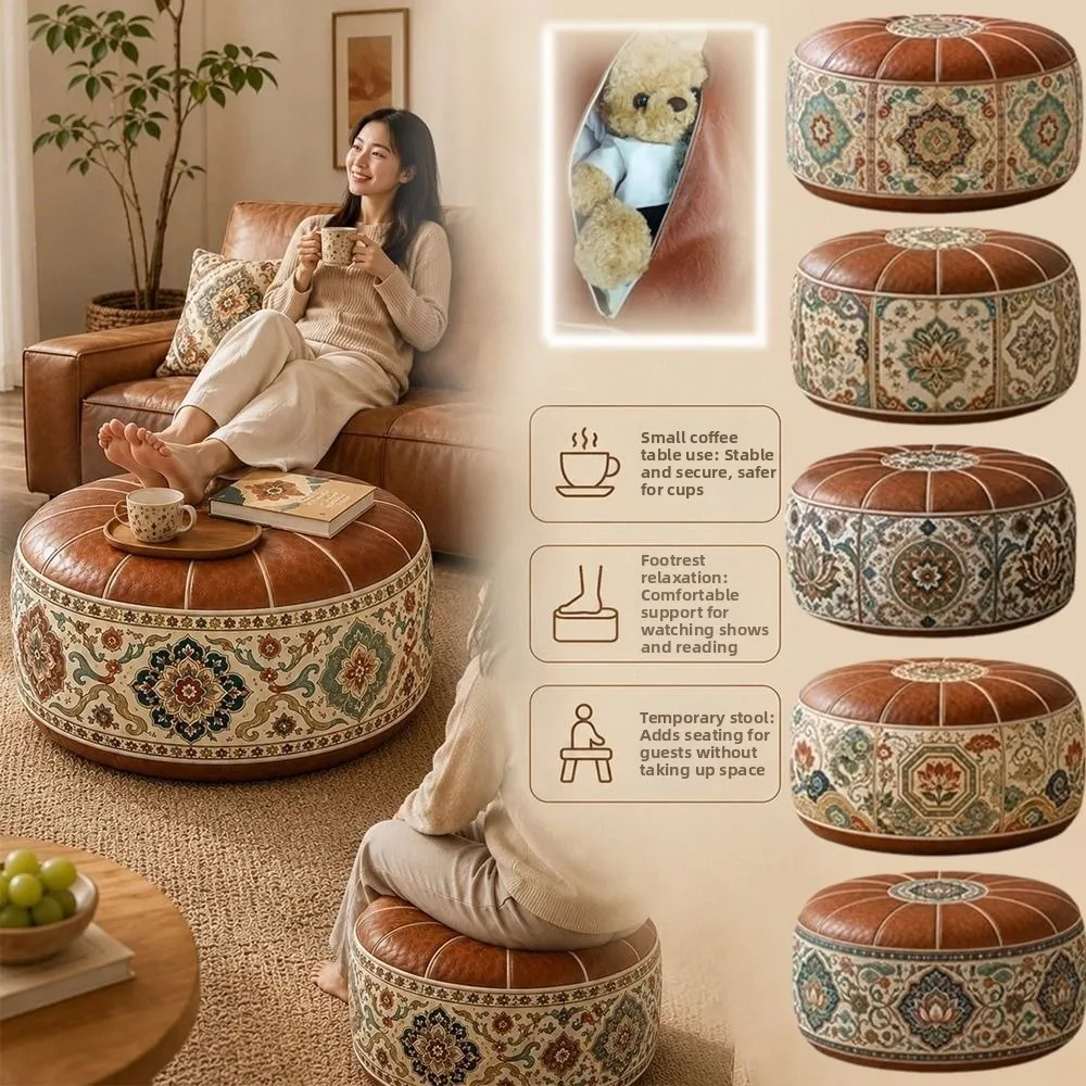 New PU Leather Ottoman Pouf Boho Pattern Foldable Footstool Cover Fillable Round Shape Floor Seat Cushion Multipurpose Storage