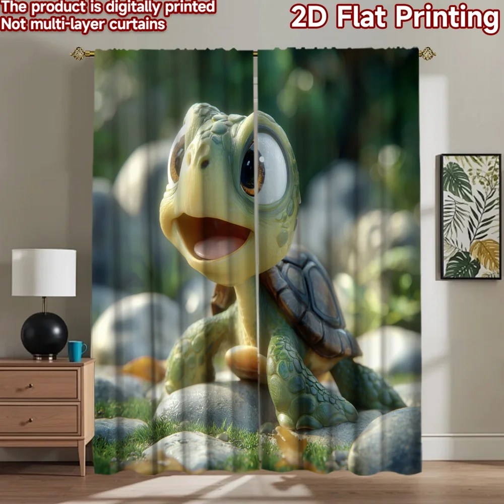 2D flat printing 2pcs Curtain Cute Turtle Outdoor Nature Digital Printed Polyester Drapes Holiday Decorations for Photo Booths &