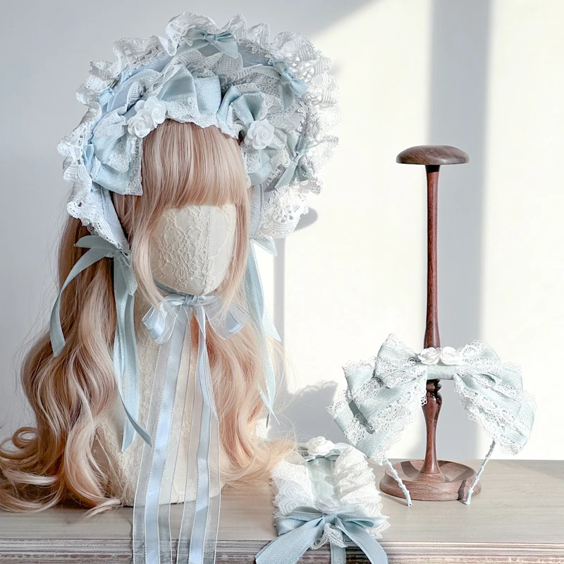

2025 Original Handmade Christmas G Ice Blue Color Bride Bonnet Lace Bow Bnt KC Small Hat Arm Sleeve Headwear Hair Accessory Gift