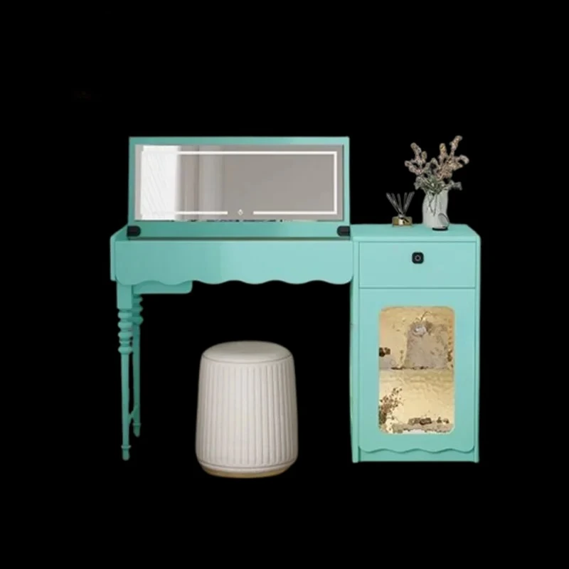 

Simple Girls Glass Vanity Table with LED Light Pink Flip Mirror Bedroom Dresser with Makeup Drawers Small Penteadeira for Home