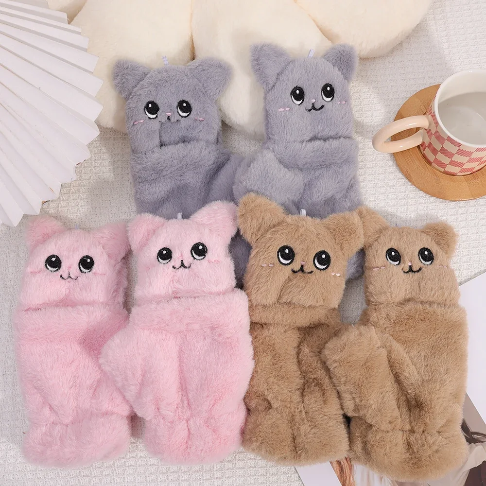 Cute Animals Fur Mittens Winter Warm Gloves for Women Girls Ear Flip Mitten Plush Glove Fingerless Thicken Glove Finger Exposed