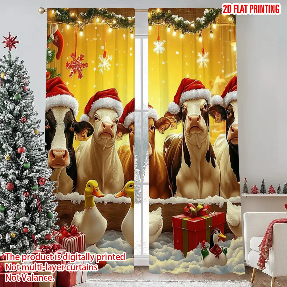 

2pcs 2D flat printing Christmas Scene Curtain Merry Christmas Farm Cute Animals Versatile Polyester Without Electricity Family