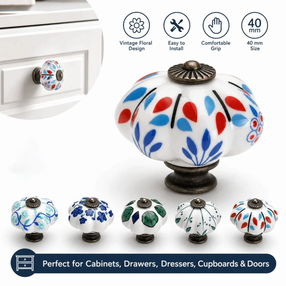 Gifts Ceramic Drawer Pulls Pumpkin Shape Vintage Style Furniture Knobs Floral Pattern Ceramic Cabinet Knobs Dresser Drawer