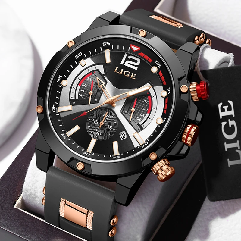 LIGE 2024 New Fashion Silicone Watch For Men Business Military Sports Men\'s Quartz Wristwatches Waterproof Date Chronograph Male