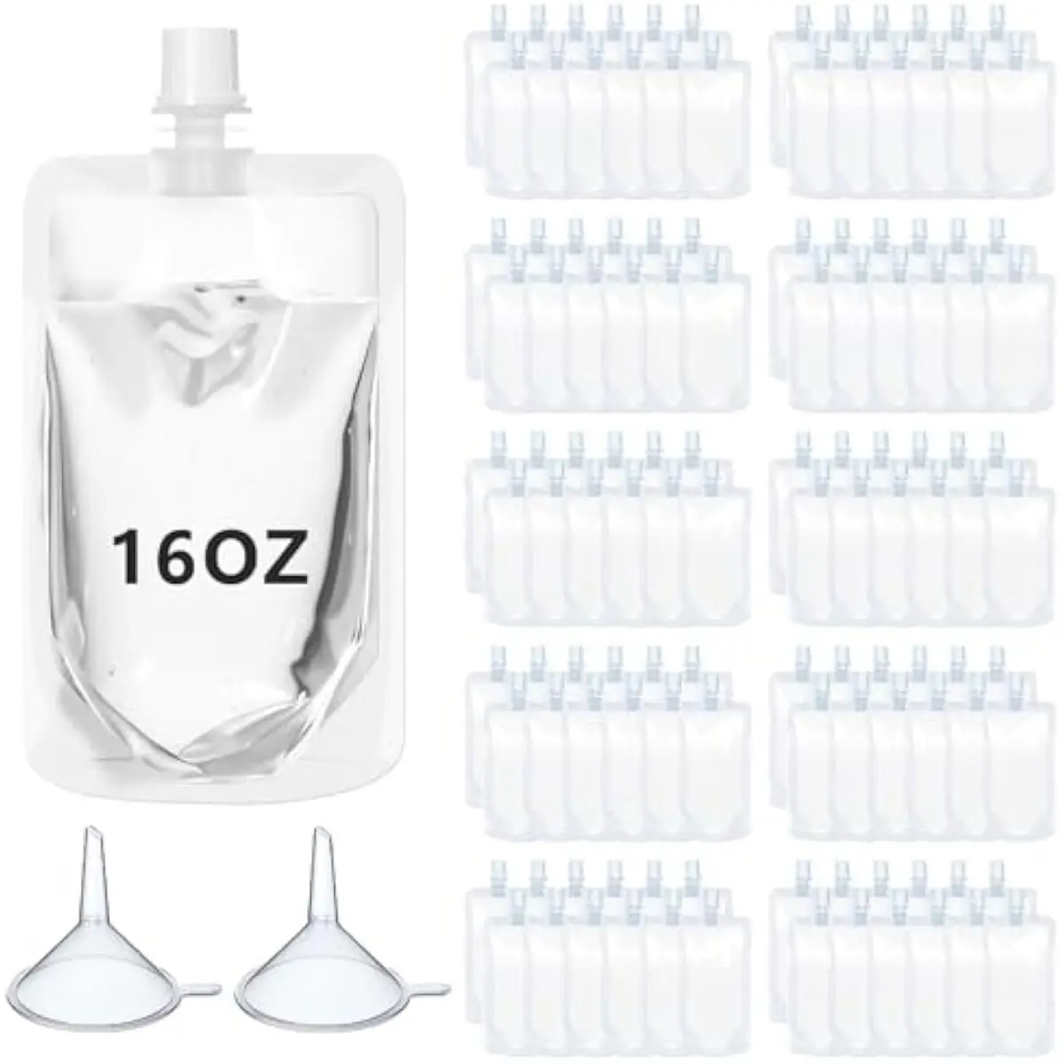 100 Pcs Plastic Pouches Bulk Clear Juice Bags Squeeze Pouches Plastic Leak Proof Bags with Funnel for Party Favors (16 oz)