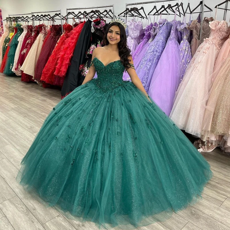 

Изумрудно-зеленое бальное платье, платья для Quinceanera, сексуальные платья с открытыми плечами и 3D цветами из тюля, вечерние платья принцессы на день рождения