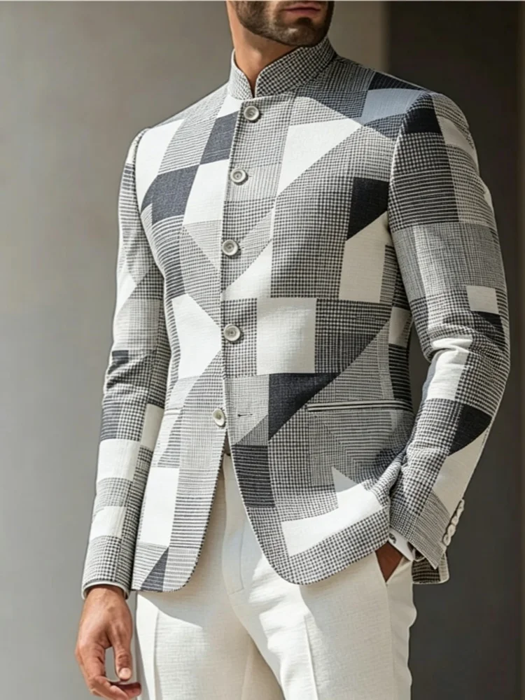 Mens Slim Fit Stand Collar Blazer Black White Grey Geometric Plaid Patchwork Outerwear