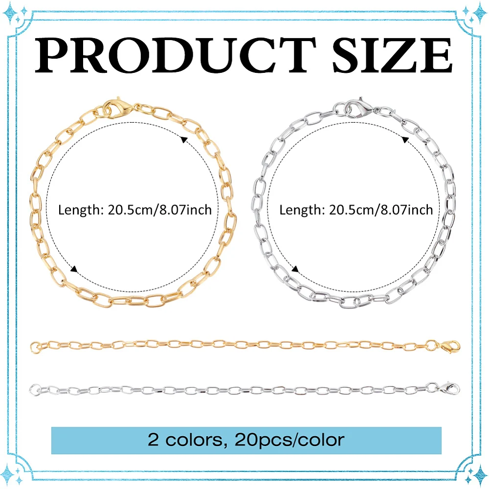 40Pcs 2 Colors Cable Chain Bracelet Makings Metal Bracelet Extender with Lobster Claw Clasps 8 Inches Link Chain for DIY Women
