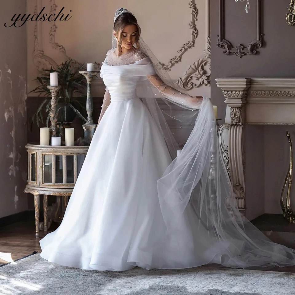 

Customized Elegant White Long Sleeves Organza Wedding Dresses 2025 Floor Length Pearls Beading Court Train Women Bride Gowns