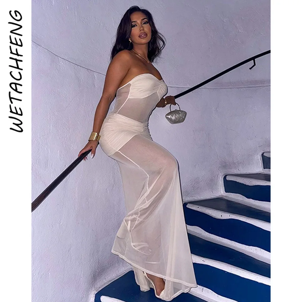 

White Mesh Transparent Long Dress Women Sexy Bodycon Pleated Patchwork Summer Strapless Party Evening Streetwear Holiday Gown