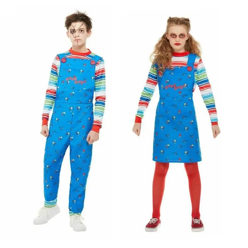 

loween Children's Costume Chuy Horror Doll Clothes Boys Girls Kids Outfit Polyester Fabric Scary Doll Cosplay Attire