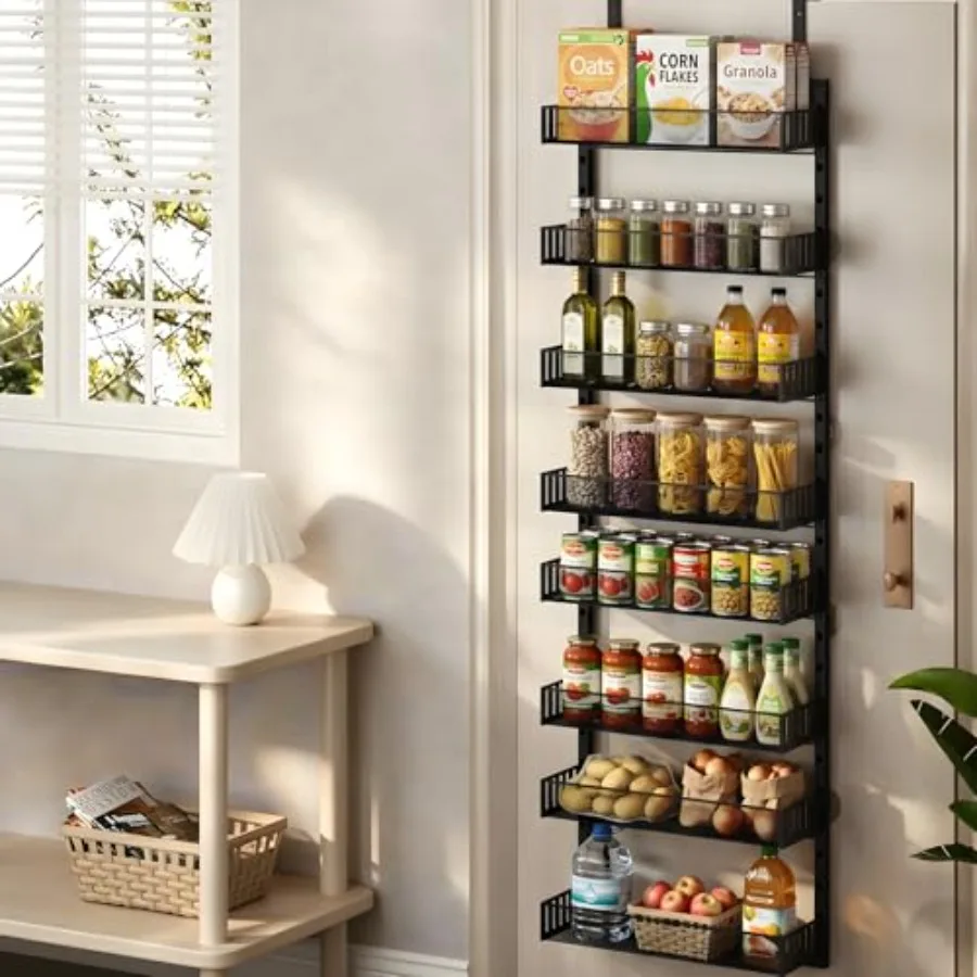 

Over the Door Pantry Organizer for Kitchen, Bathroom, Laundry Room: 8-Tier Heavy-Duty Steel Spice Rack with Black Mesh Baskets,