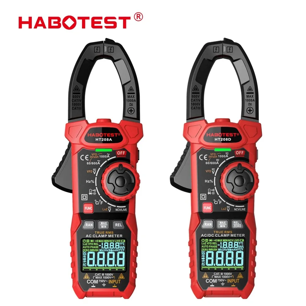 HABOTEST HT208 Digital Clamp Meter 1000A 1000V Multimeter AC DC True RMS Amperimetrica Capacitance Digital Clamp Tester