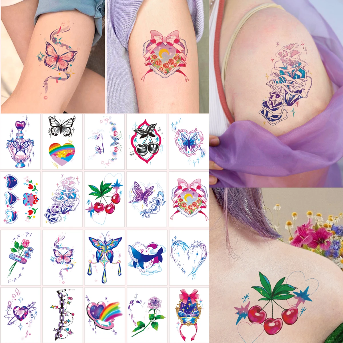 

20 Sheets Colorful Flower Cherry Temporary Tattoo Sticker Cartoon Graffiti Fake Tattoo Cute Funny Butterfly Heart Arm Sticker