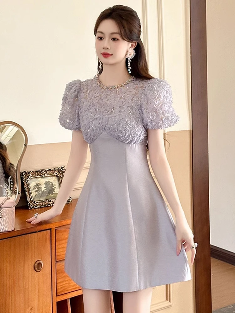 Summer Chic Elegant Luxury Diamonds Evening Dress Women Clothes Mujer Sweet Puff Sleeve Slim Short Party Birthday Vestido Fiesta