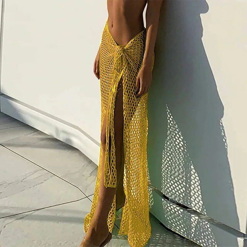 Sexy holle gehaakte strandjurk effen gebreide maxi-jurk hoge split vakantie cover-up jurk lange opengewerkte UV strand chique rok