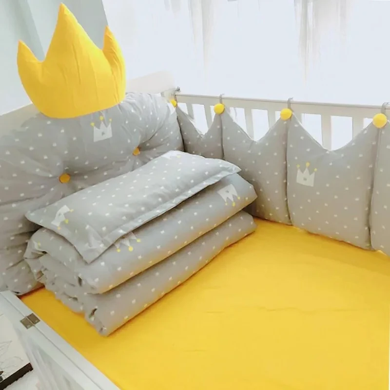 Nordic Style Gray Crown Shaped Bed Head Backrest Cushion Washable Cotton Baby Bedding Set Newborn Thickened Protect Bed Bumper