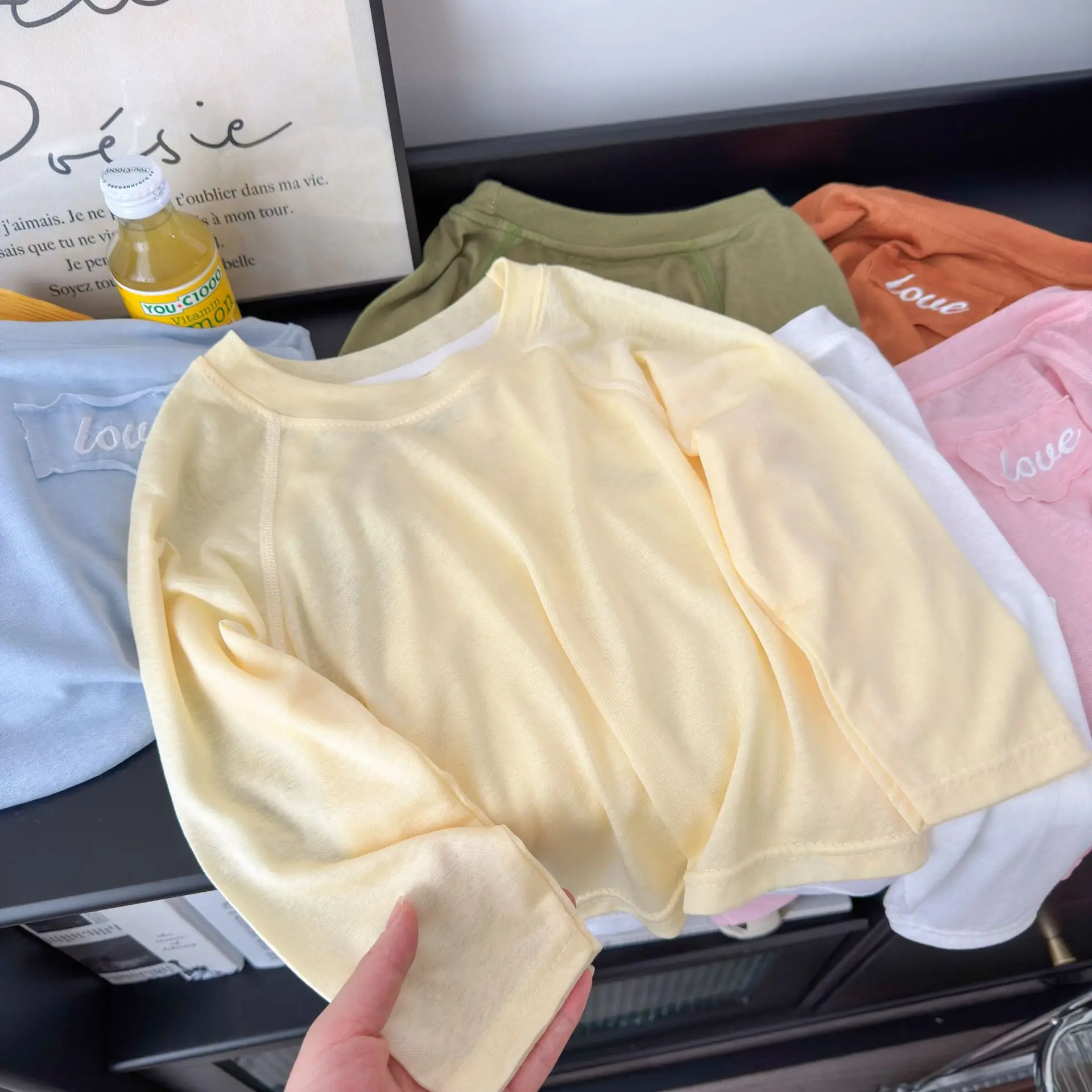 Lightweight Fabric Kids Long Sleeve Top Crew Neck Long Sleeves Sun Protection Shirt Pullover Style Solid Color T Shirt