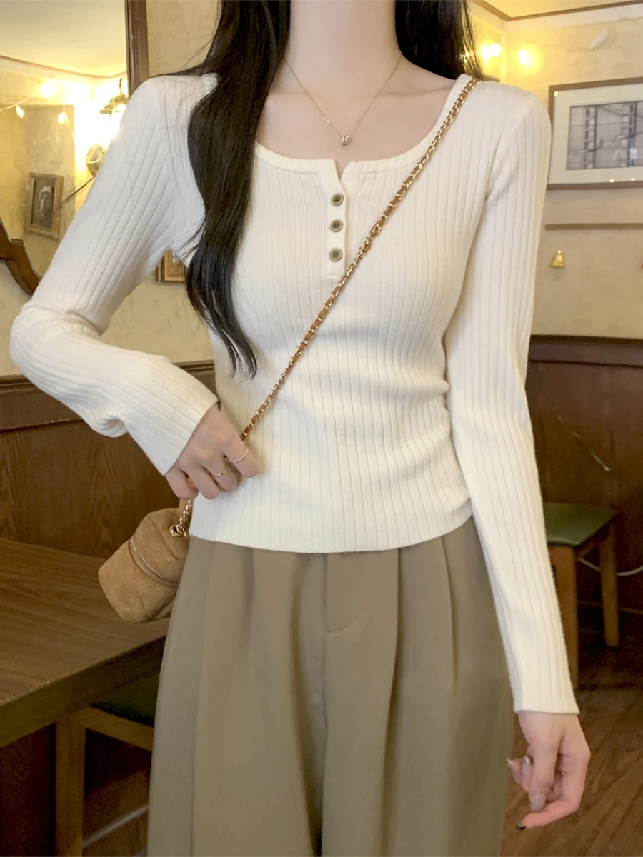 

Ele Long Sve вязаный топ женский облегающий квадратный Ne внутренняя одежда для подружки невесты весенне-осенний сезон на пуговицах