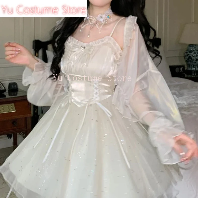 

Yu StoreJapanese Lolita Kawaii 2 Set Women Sweet Y2K Lace Chiffon Dress Suit Female Gauze Cardigan + Suspender Party Mini