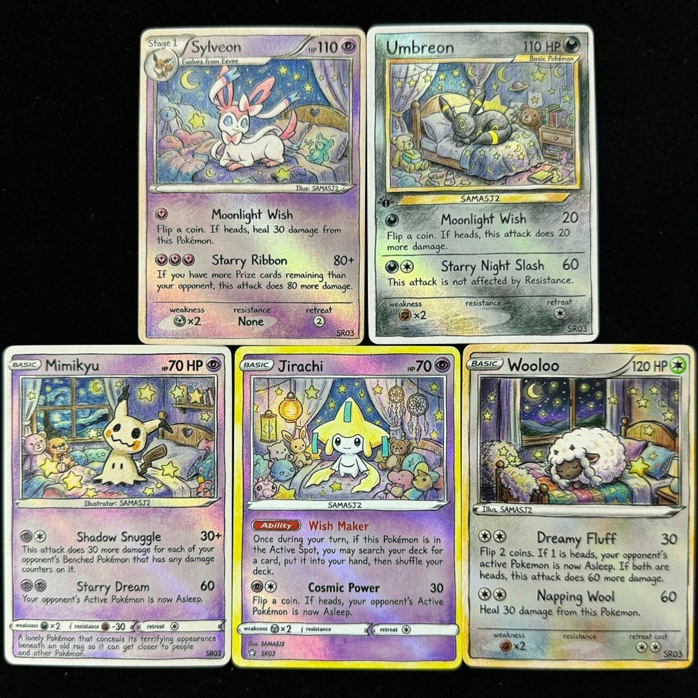 Pokemon PTCG-Karten, farbige Karten im Bleistift-Kunststil, Sylveon, Umbreon, Mimikyu, Jirachi, Wooloo, Sammelkarten, seltene Holo-Karten, Pokemon-Geschenk