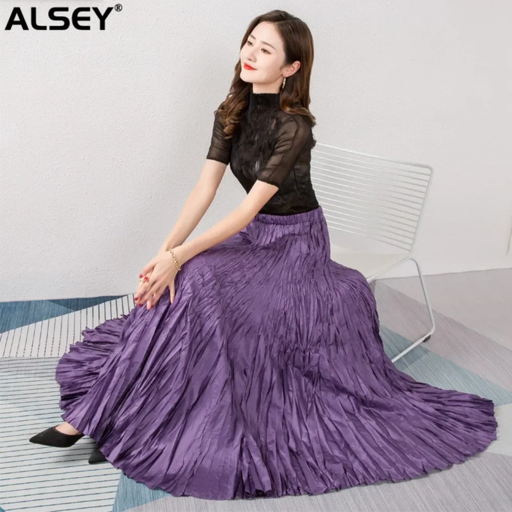 

ALSEY Miyake Pleated Casual Half Skirt for Women Spring Autumn New Solid Color Plus Size High Waist Slim Irregular Peplum Skirt