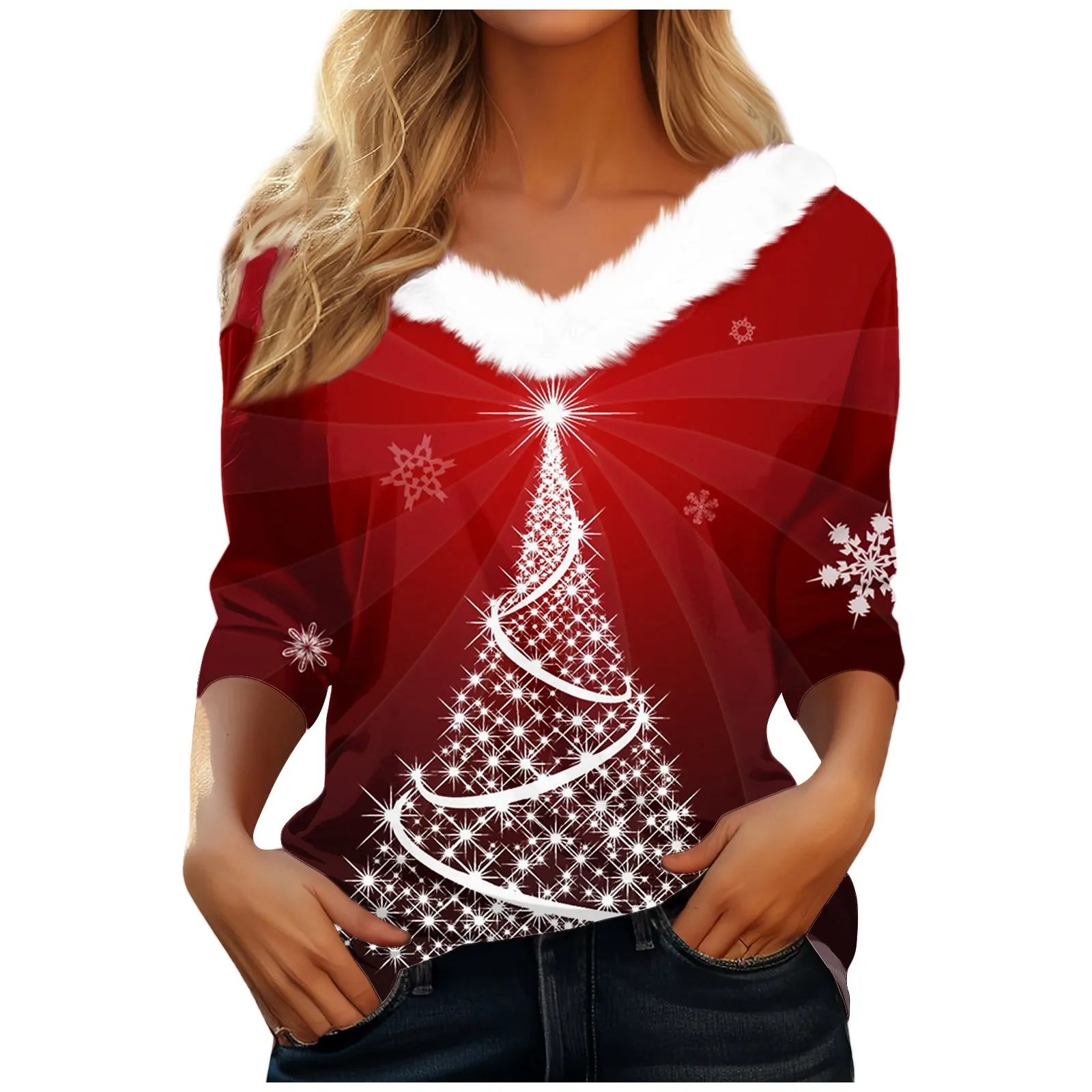 Women\'s T Shirt Tee Christmas Shirt Long Sleeve Party Christmas Fleece Collar V Neck  Top