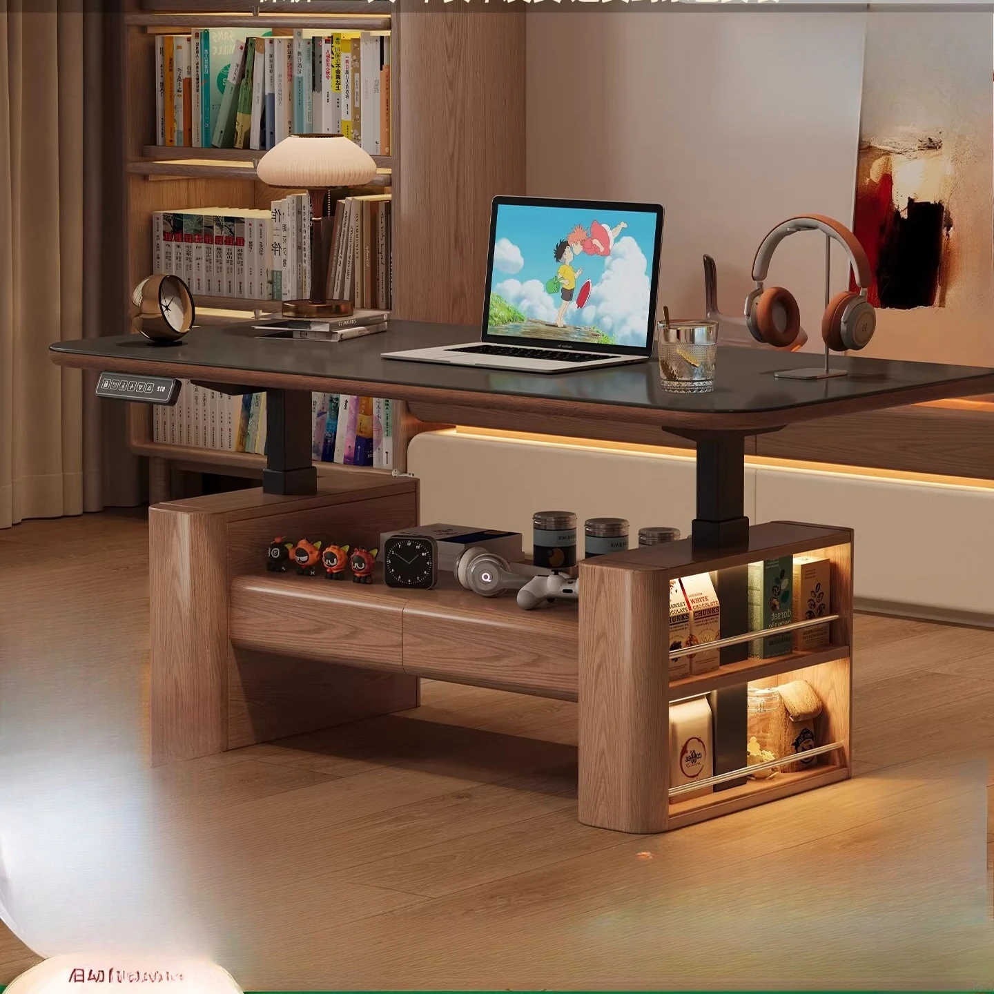 Solid wood electric lifting coffee table dining table integrated two-in-one high-end atmosphere advanced sense movable