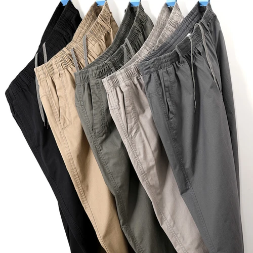 Pantalones Cargo rectos para hombre, pantalón informal, monocromático, talla grande, M-6XL, cintura elástica, 100% algodón, 2024