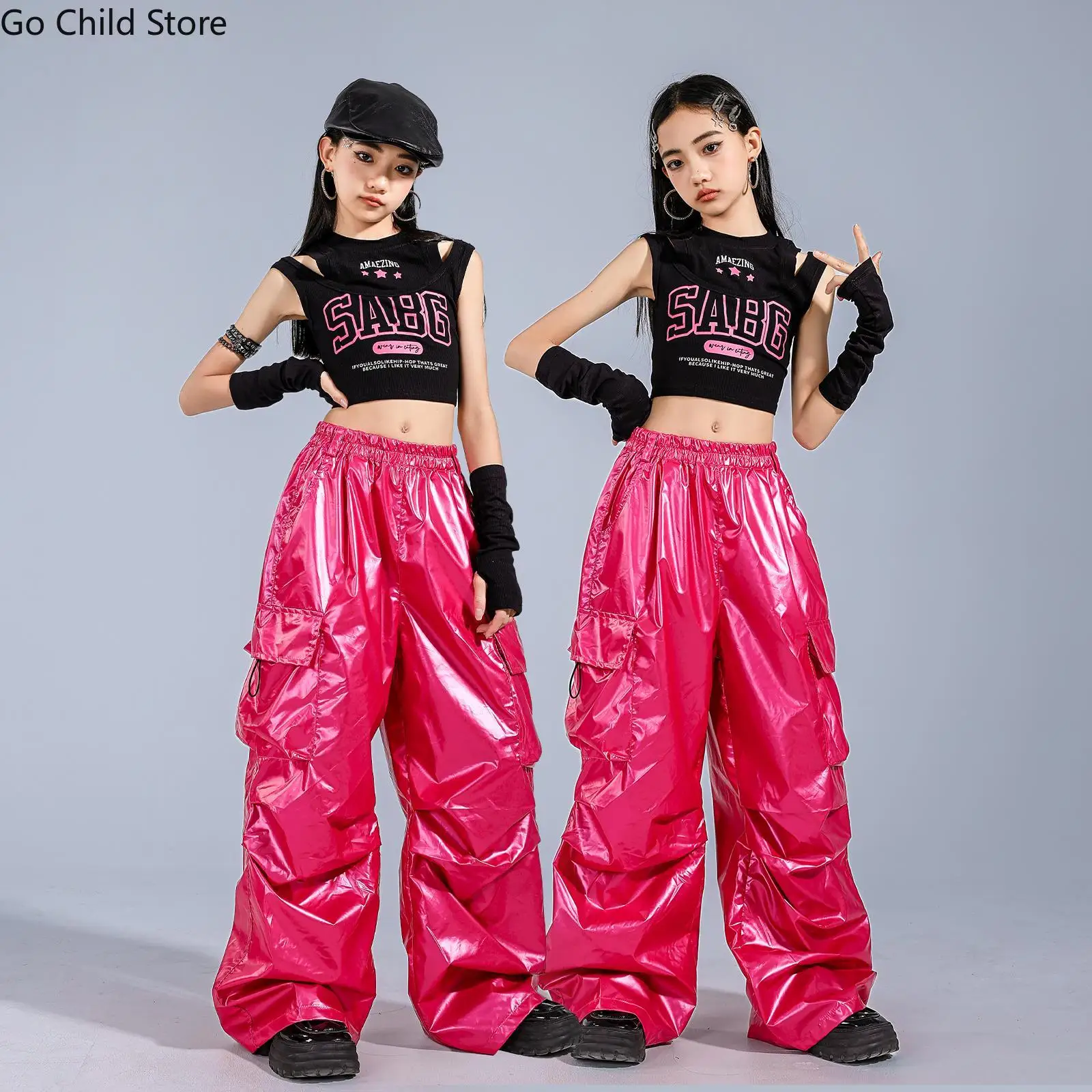 Girls Hio Hop Crop Tank Top Street Dance Shiny Cargo Pants Kids K-pop Streetwear Costumes Children Jazz Girl Group Clothes Sets