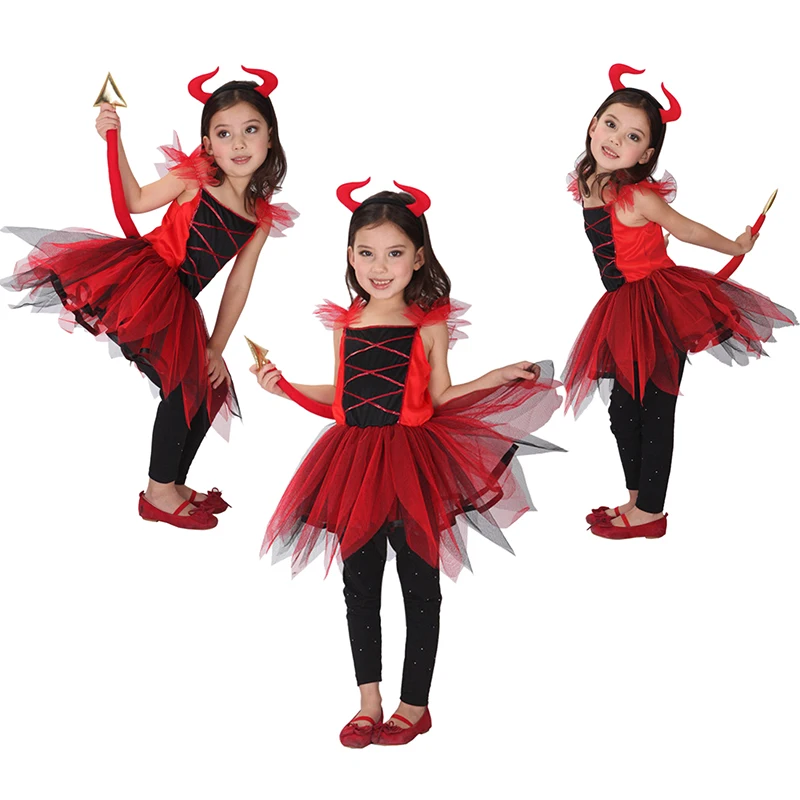 Halloween Red Devil Cosplay Costumes for Kids Girls Demon Costume Fancy Carnival Dress Suit (Without Pants)