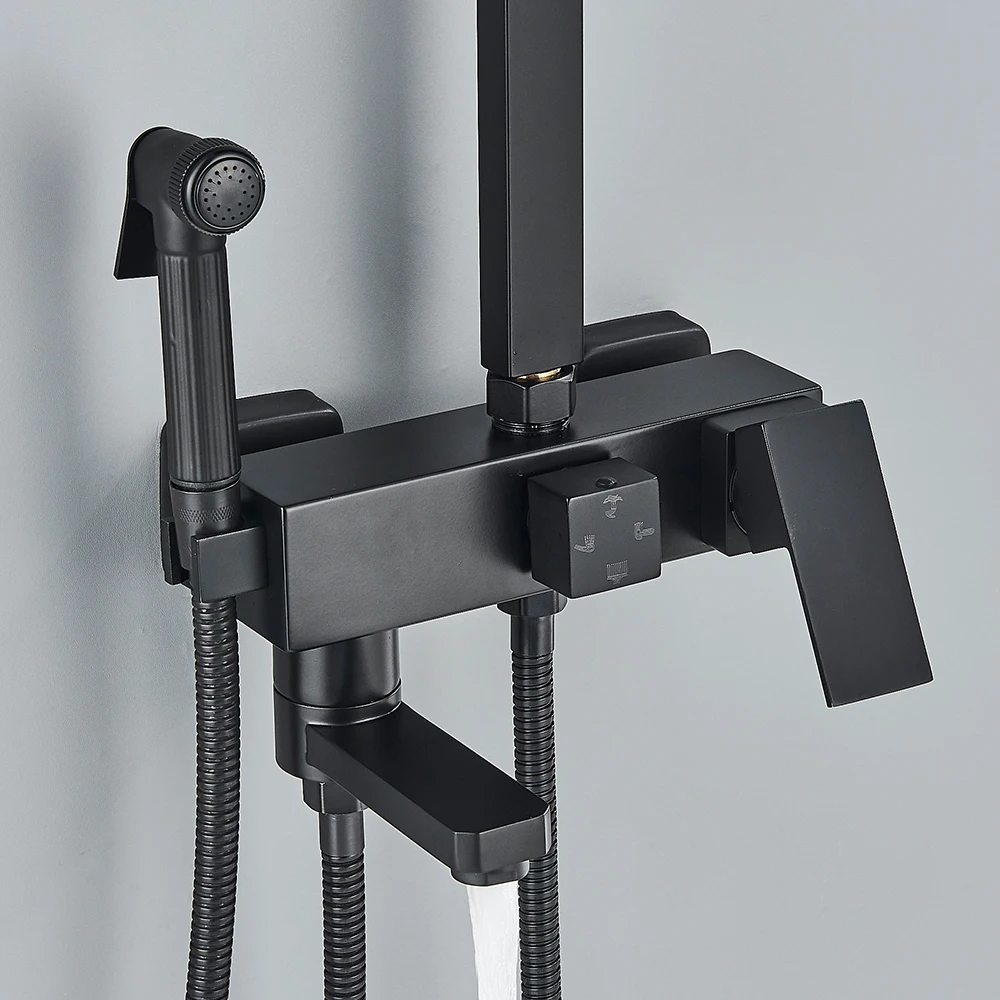 Set Sistem Pancuran Kamar Mandi Panas Dingin Persegi Aksesori Keran Mixer Kamar Mandi Kuningan Terpasang Di Dinding Kepala Set Pancuran Curah Hujan 10 Inci