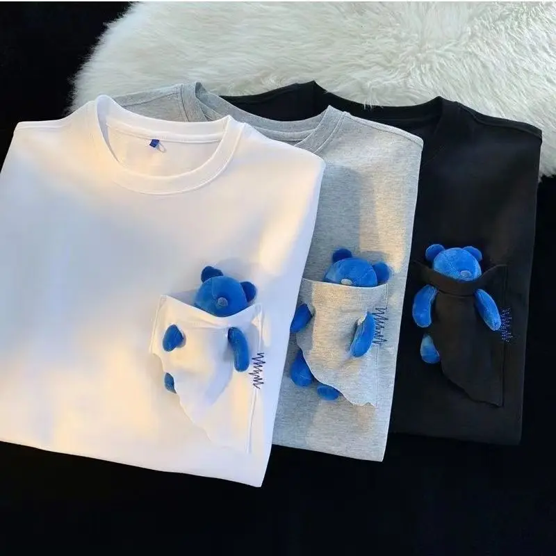 Large size pocket bear short sleeved t shirt for men and women summer trendy brand loose couple T shirt versatile trendy top y2k