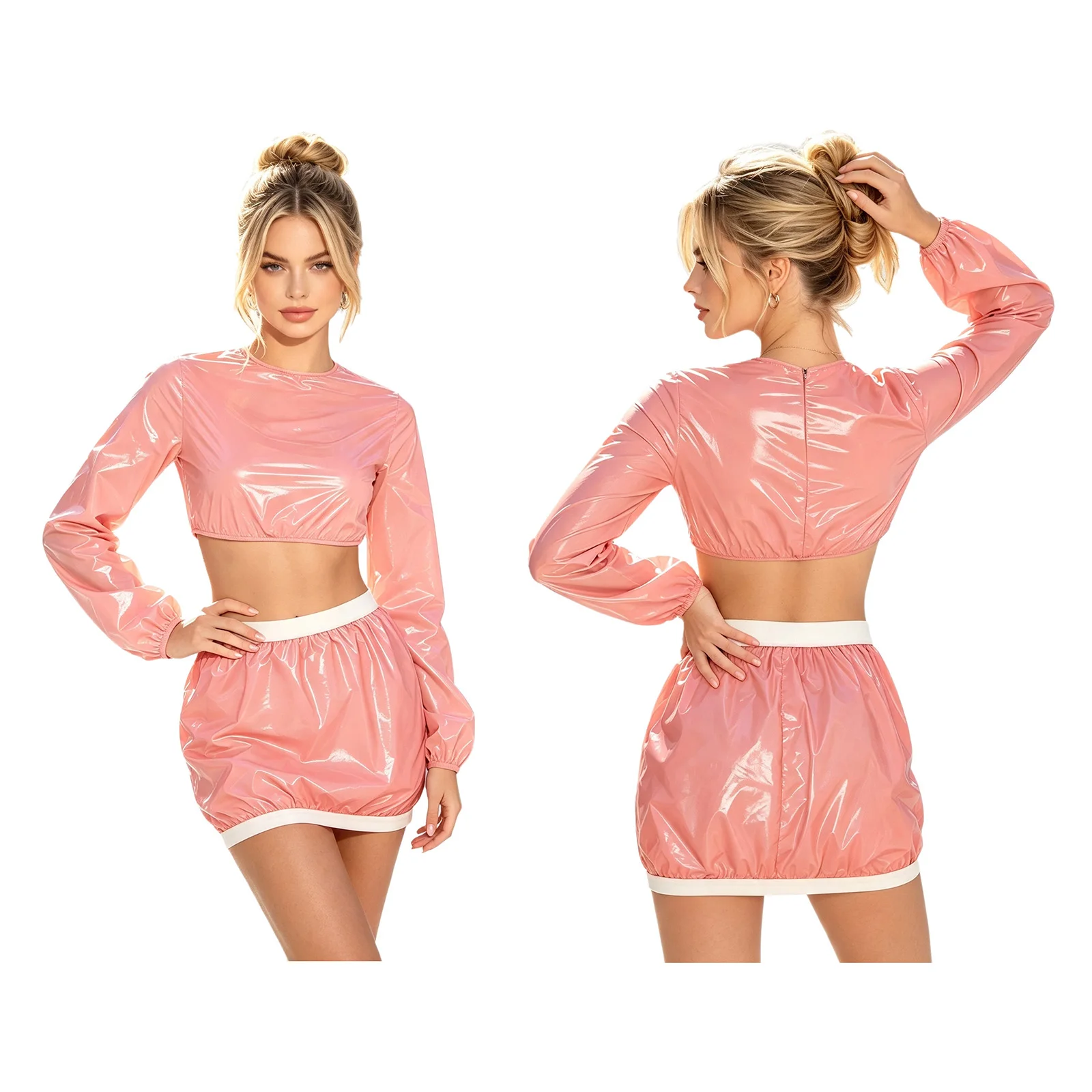 Womens Glossy Dress Set Waterproof Vinyl Crop Top And Skirt Pole Dance Outfits Rave Clubwear Tank Top And Maxi Skirt Streetwear image 4
