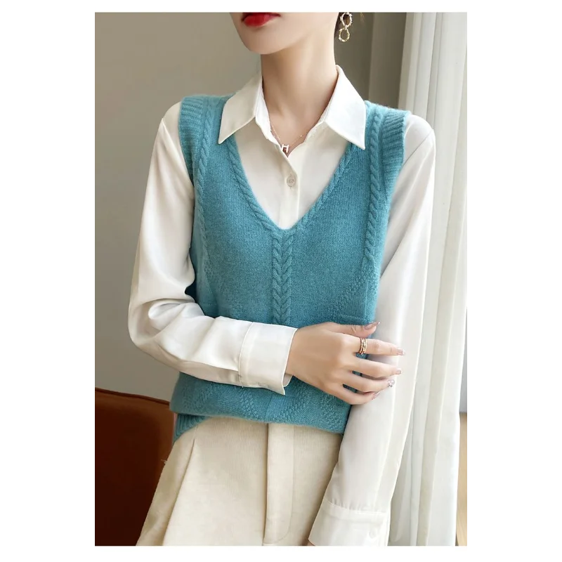 เสื้อกั๊กแขนกุดผู้หญิงแบบใหม่ คอวี แฟชั่น สีพื้น เรียบง่าย สวมใส่สบาย ทรงหลวม