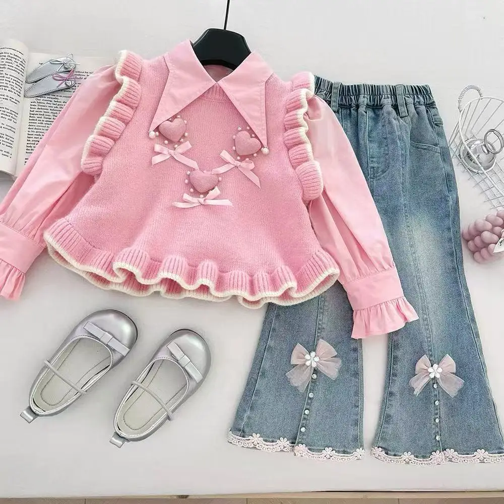 

Girls' Spring and Autumn New Knitted Set Children's Pink Love Vest+Shirt+Jeans 3-Piece Set