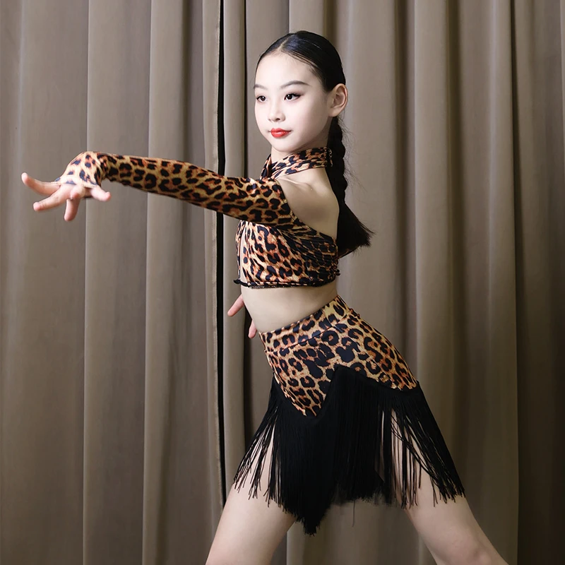 Qinghe Latin Dance Uniform for Girls - Autumn/Winter Children's Leopard Print Fringe Training Suit - Children's Performance Set