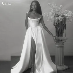 Qanz Vintage Satin Wedding Gown Strapless Mermaid Pleat Wedding Dress High Slit Customized Bride Dress Vestido De Noiva 2024